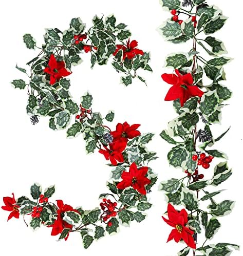 AnyDesign 15.7 Ft Karácsonyi Mesterséges Füzér Piros Mikulásvirágok Bogyók Holly Levelek, Havas fenyőtoboz Ál Szőlő Lóg Füzér Téli Xmas Fél