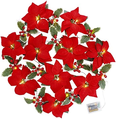 Karácsonyi Mikulásvirág Garland String Fények, garland , 20 LED-9.8 FT Bársony Mesterséges Virág elemes Mikulásvirág-Tündér Fények,