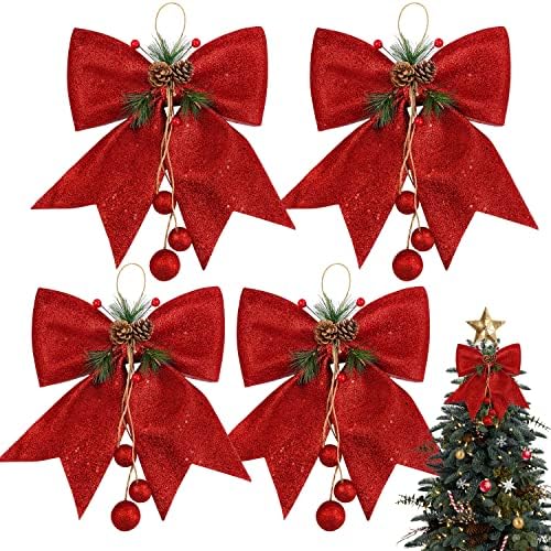 Ndeno 24pcs 5.5 Mini Karácsonyi Masni Dekoráció, Piros Flitter Koszorúk Íjak, Kis karácsonyfa Topper Csillogó csokornyakkendőt,