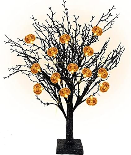24 Hüvelyk Halloween Asztali Fa Dekoráció Csillogott, 24 LED Narancssárga Fény Időzítő elemes töklámpás Sütőtök Díszek Fekete Kísérteties