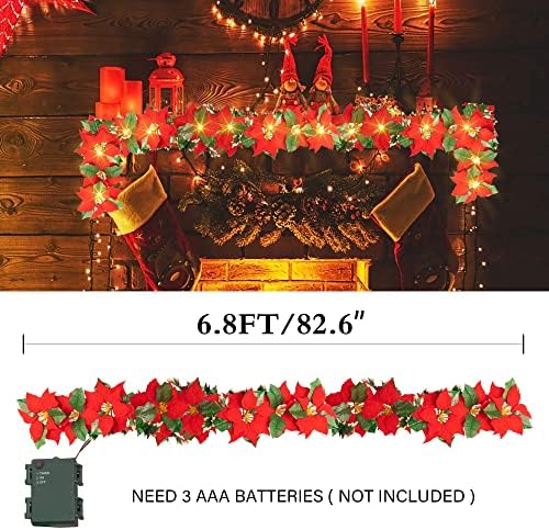 Dazzle Fényes 7 FT Karácsonyi Mikulásvirág Virágok Koszorú Dekoráció, 10 LED-es Világító Mesterséges Bársony String lámpa, Piros Bogyók