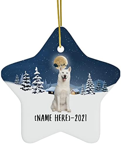 Fehér Szibériai Husky Kutya Díszeket 2023 karácsonyfa Személyre szabott Neve Ajándékok 2024 szilveszter Dekoráció Fehér Csillag