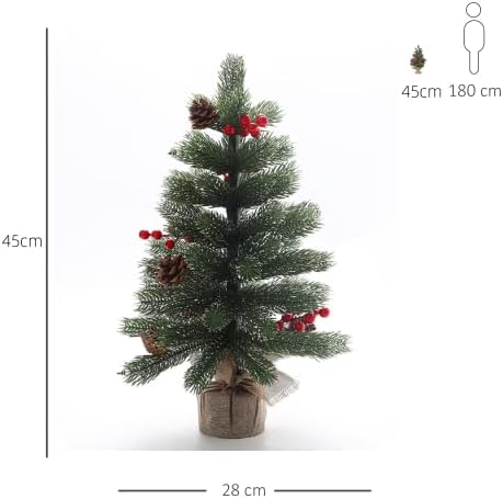 Karácsonyfa 45 cm-es, 4 Piros Bogyók, 4 fenyőtoboz Mesterséges Fenyő 55 Ágak Stabil, Tartós alapot Asztal, Íróasztal PE Cement Hesseni