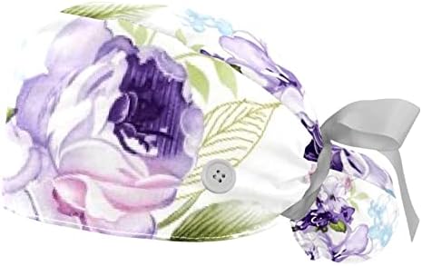 Munkát Kap Lila Virág Mintával Nyomtatott Védő Kupakok Haj Lélegző Izzadság Elnyelő Lófarok Kalap Gombok Egy kaptafára Két Csomag