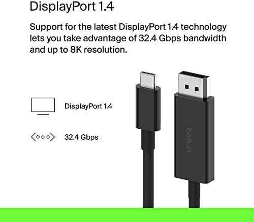 Belkin USB Típus C-DisplayPort-1.4 Kábel 6.6 ft/2m, 32.4 Gbps, 8K@60Hz vagy 4K@144 HZ, a HBR3, DSC, HDCP 2.2 DP Alt Mód, Visszafelé Kompatibilis,