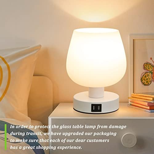 Touch Control Éjjeli Lámpa, 2 USB Port, Szabályozható Kis Éjjeliszekrény Lámpa Hálószoba, Modern asztali lámpa, Fehér Üveg Lámpabúra, a
