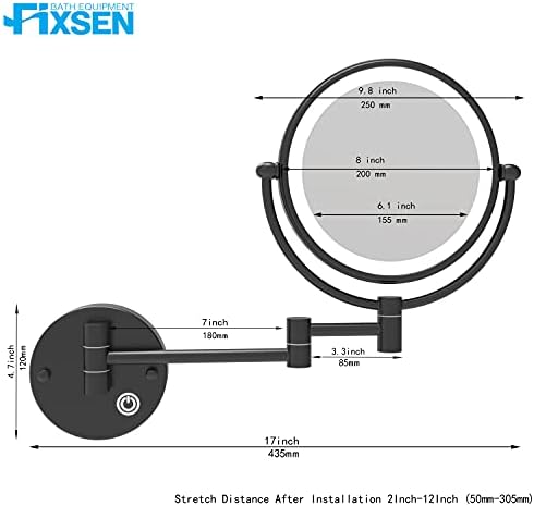 Fixsen 8 LED Újratölthető Fali Touch Control Smink Tükör Kétoldalas Nagyító Hiúság 12 Inch Kiterjesztését Matt Fekete 1X/10X-es Nagyítású,