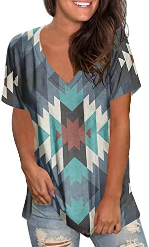 V Neck póló Női Vintage Etnikai Geometriai Tshirt Törzsi Azték Nyomtatás Nyári Felsők Laza Alkalmi Hawaii Blúz