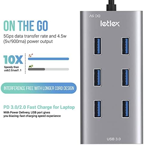 LETLEX 7port USB 3.0 Hub – nagysebességű USB 3.0 Hub 5Gbps Power & Gyors Töltés – Tartós Alumínium Ötvözet Test – Slim USB