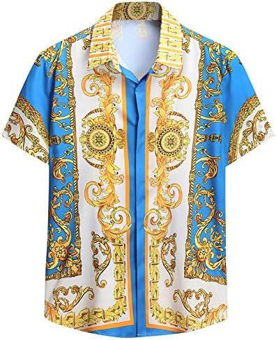 OIOLOY Plus Size póló Férfi V-Nyakú Gombokkal Vékony Modern Tshirt Fesztivál Laza Koktél, Rövid Ujjú Király Virág