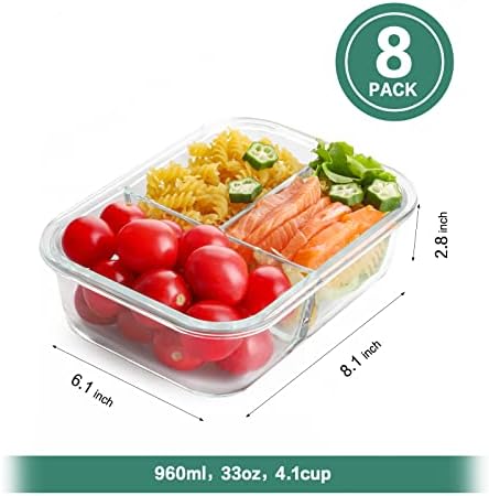 Bayco 8 Pack Üveg Étel elkészítése Konténerek 3 Rekesz, Üveg Élelmiszer-Tároló Tartályok szemhéjakkal, Légmentesen zárt Üveg Ebéd
