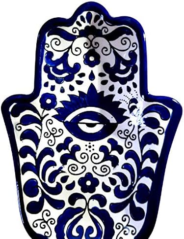 Anya Judaica Ajándékokat, a Haza, Bluenoemi Kerámia Kék-Fehér Dekoratív Hamsa Tál Védelem a Gonosz Szem fali dekoráció