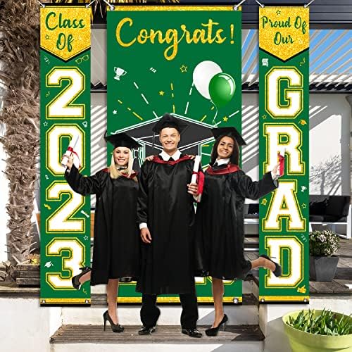 3Pcs Grad Banner Meghatározott Érettségi Dekoráció Osztály 2023, Zöld, Arany Grad Veranda Alá Ajtó burkolat Elülső Ajtó, Fal Udvaron Akasztás
