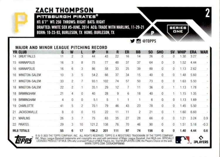2023 Topps 2 Zach Thompson NM-MT Pittsburgh Pirates Baseball Trading Card MLB