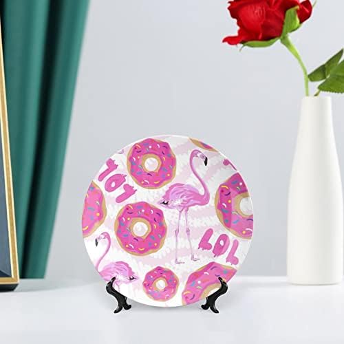 Rózsaszín Flamingók, valamint Fánk Dekoratív tábla Kerek Kerámia lapok, Display Állvány Home Office Esküvői Dekoráció