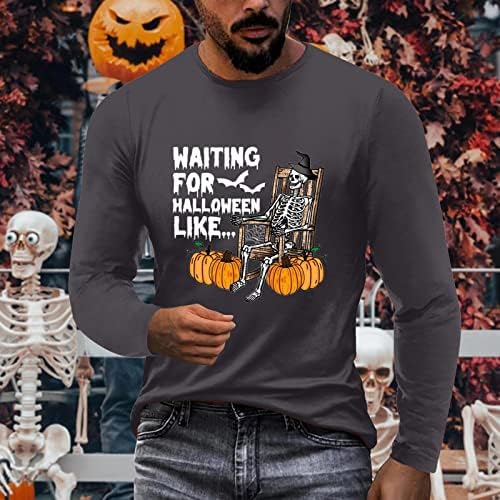 XXBR Férfi Halloween pólók,Izom Hosszú Ujjú Csontváz Nyomtatás Boldog Halloween-t Legénység Nyak Sport Póló, Alkalmi Póló