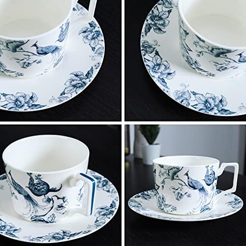 fanquare 9oz porcelán Teás Csészét Set 1, Kék, Fehér, Kávét, mint egy Tányér Készlet, Brit Virágos Porcelán teáscsésze a Nők
