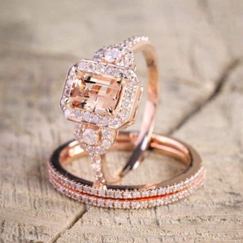 Opál Ékszer Elegáns 18K Rose Arannyal Töltött Morganite Drágakő Gyűrű Készlet Menyasszonyi Esküvői Ékszerek (8)