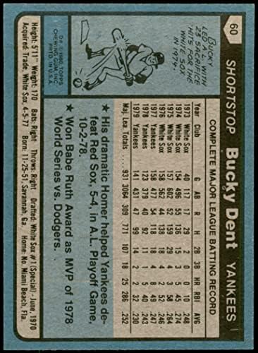 1980 Topps 60 Bucky Dent New York Yankees (Baseball Kártya) NM/MT Yankees