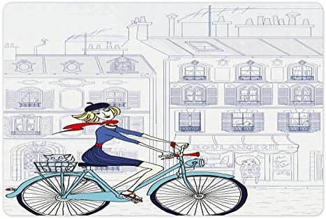Lunarable Párizs Pet-Mat az Étel, a Víz, a Nő, a Biciklizés, Párizsban, egy Macska Európai francia Stílus Illusztráció, Téglalap