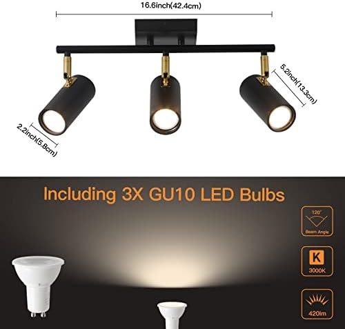 KEESFU 3. LED Fény Pálya Világítás Készlet, Matt Fekete Mennyezeti Spot Világítás,Állítható, Könnyű Fej,Benne 3 x LED Izzók GU10,Modern