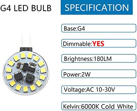 GutReise G4 LED Lámpák,5 Csomag AC10-30V Hideg Fehér 2Watts 15LED Izzók,Szabályozható 360 Fokos Lámpa LED 180Lm (Hideg Fehér)