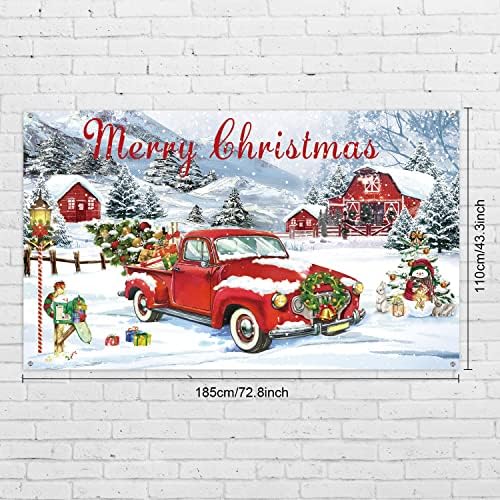 Karácsonyi Piros Kamion Dekoráció, karácsonyfa Rusztikus Parasztház Hátteret Banner Piros Autó Hópelyhek Fotó Háttér Boldog Karácsonyt Téli