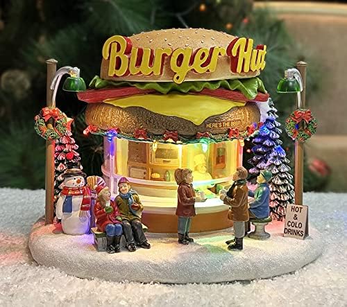 Pillanatok Karácsonyi Falu Épület, Hamburger Bolt, LED Világítás, Karácsonyi Zene - Akkumulátoros (a csomag nem Tartalmazza)