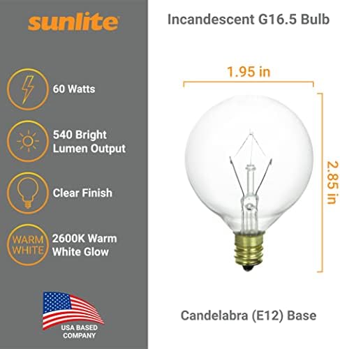 Sunlite 40164-SU G16.5 Globe Izzók 60 Watt, Gyertyatartót Bázis (E12), 120 Voltos, Tiszta, Izzó, Szabályozható, 25 Csomag, 2600K Meleg