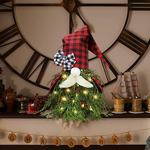 Mini Gnome karácsonyfa, Buffalo Kockás Karácsonyi Dekoráció, 18 cm-es Kis karácsonyfa Lámpák Piros Bogyós gyümölcsök a Karácsonyi Dekoráció,