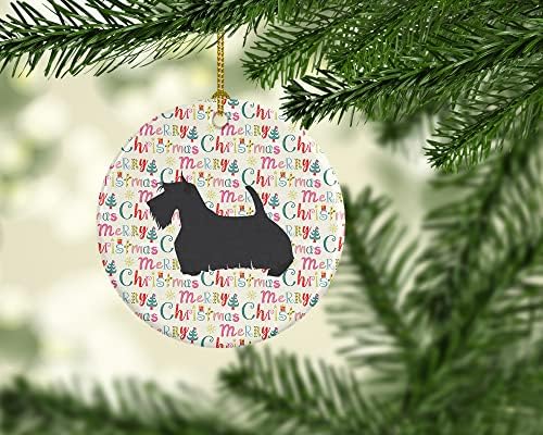 Caroline Kincsek WDK1916CO1 Skót Terrier Boldog Karácsonyt Kerámia Dísz, Többszínű, karácsonyfa Díszek, Lógó Dísz, Karácsony,