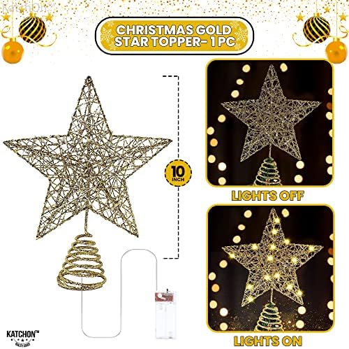 Csillogó, Világító Karácsonyi Csillag csúcsdíszt - 20 LED-es, 10 Inch |Arany csúcsdíszt | 20 LED-es Csillagos karácsonyfa