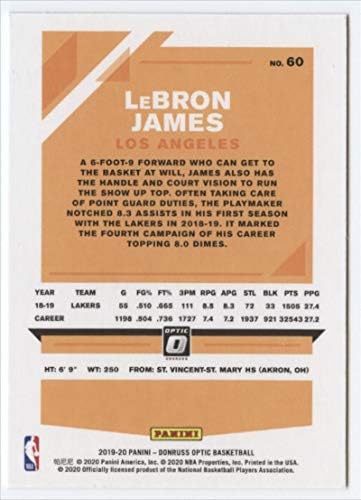 2019-20 Donruss Optikai Kosárlabda 60 LeBron James Los Angeles Lakers Hivatalos Panini NBA Trading Card