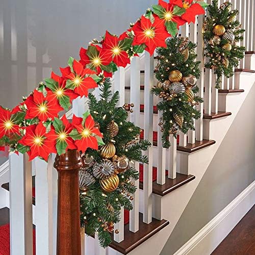 FUNPENY Mikulásvirág, Karácsonyi Koszorú, 7 FT 10 LED Bársony Mesterséges Virág Karácsony String lámpa, Piros Bogyók, Holly Levelek,