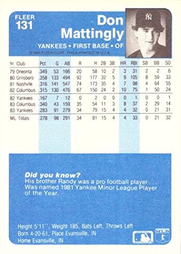 1984 Fleer Baseball 131 Ne Mattingly Újonc Kártya