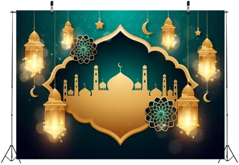 Loccor 7x5ft Szövet Zöld Ramadan Hátteret Banner Arany Lámpás Mecset Fotózás Háttér Eid Mubarak Dekoráció Iszlám Muszlim Fél Ellátás