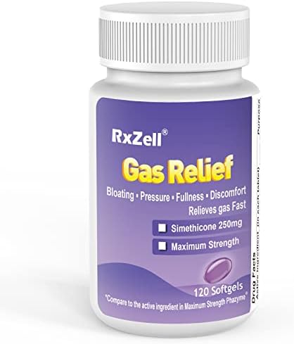 RXZELL Gáz Megkönnyebbülés, Maximális Erő 250 mg Szimetikon, 120 Gélkapszula - Anti Puffadás Enyhíti a Gáz Gyors, Puffadás Támogatás, hasi Diszkomfort