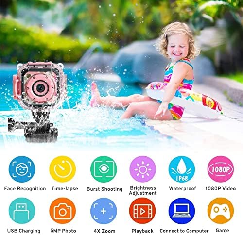 PROGRACE Gyerekek, Gyerekek Vízálló Fényképezőgép HD 1080P Akció Kamera a Kisgyermek(Rózsaszín) Csomag, 32 gb-os Memória Kártya, Class