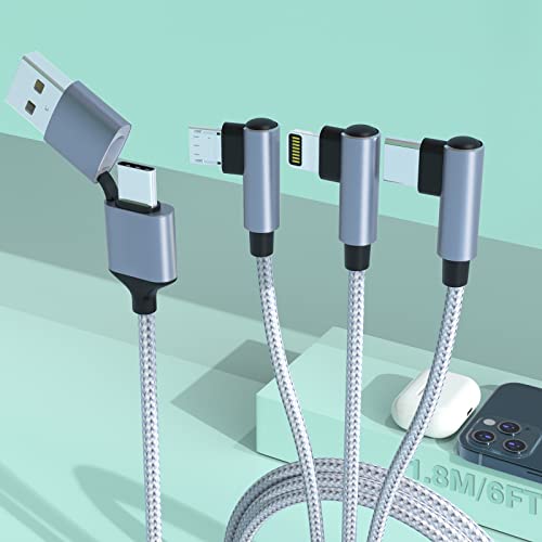 MTAKYI 5-in-1 90 Fokos USB Univerzális Telefon Töltő Kábel,Multi 6Ft derékszögű Lightnning+C Típus+Micro USB Fonott Nylon Töltő Kábel