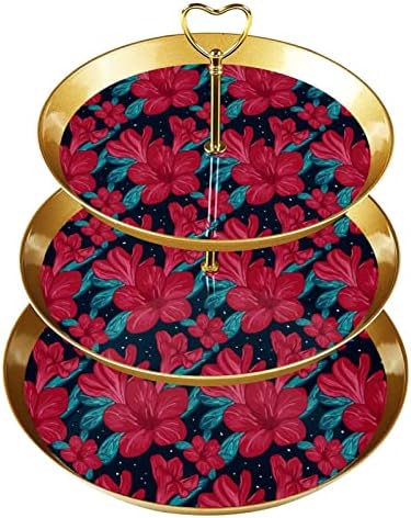 3 Tier Muffin Állvány Arany Rúd Műanyag Többszintű Desszert Torony Tálca Piros Bloomming Virág Minta Gyümölcs Édesség Kijelző