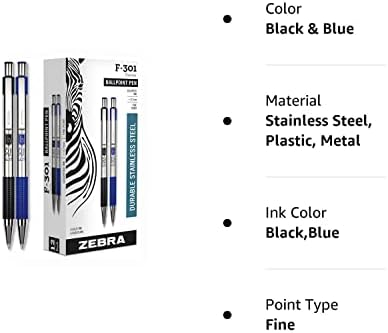 Zebra Pen-F-301 Behúzható Golyóstoll, Rozsdamentes Acél Hordó, Jó Pont, 0.7 mm, Fekete/Kék Tinta, 12-es Csomag