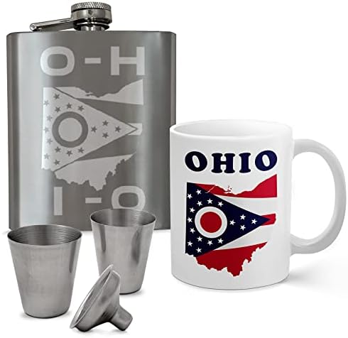Ohio Ajándék Csomag | 7 oz Téglalap alakú Lombik Ajándék Szett Vésett + 11 oz Kerámia Kávés Bögre Ohio Állami Zászló