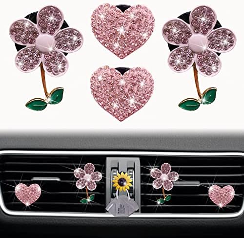 Bling Virág & Szíve Szellőző Klipsz, 4 Db Rózsaszín Daisy Autó Illatosítók Szellőzők Klipek Autó Diffúzor Gyémánt Autó Belső