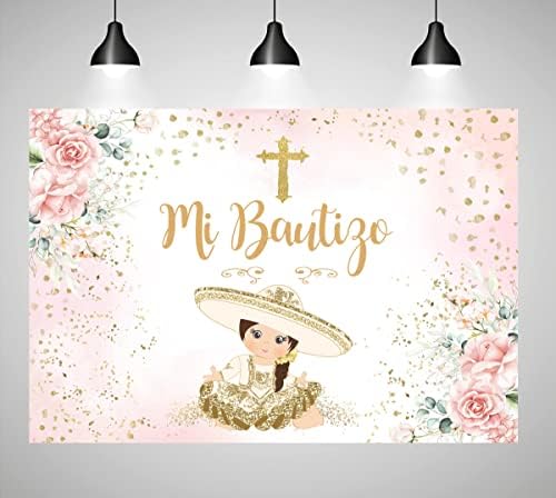 Mi Bautizo Hátteret Lányok a Mexikói spanyol Keresztség Parti Dekoráció Virág Arany Glitter Fólia Isten Áldja Lány Első szentáldozás