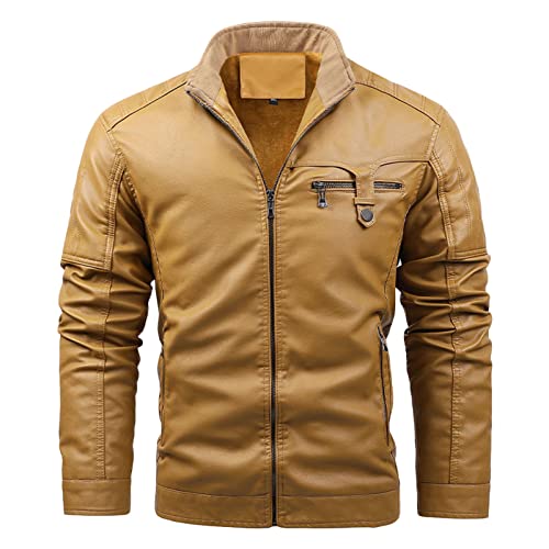 A férfiak Vintage Állni Gallér bőrkabát Műbőr Fleece Bélelt Motoros Kabát Könnyű PU Zip Fel Outwear (Sárga 2,X-Large)
