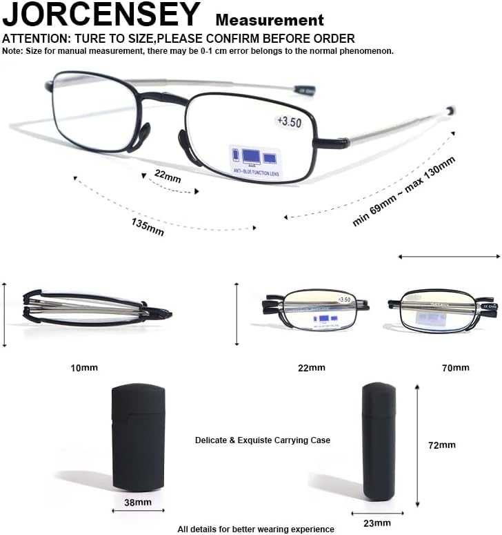 JORCENSEY Olvasó Szemüveg 2 Pár Fekete-Piros Olvasók Kompakt Összecsukható Unisex Szemüveg Olvasás Esetben Tartalmazza (Mix, +2.0)