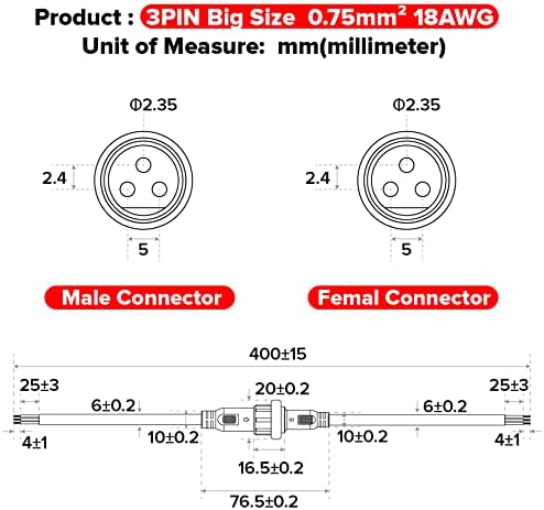 BTF-VILÁGÍTÁS 3 Pin-Elektromos Csatlakozó 18AWG IP65 Férfi Nő Csatlakozó 7.87 a/20cm Hosszabbító Kábel Az Autó,Kamion,Hajó,Beltéri/Kültéri