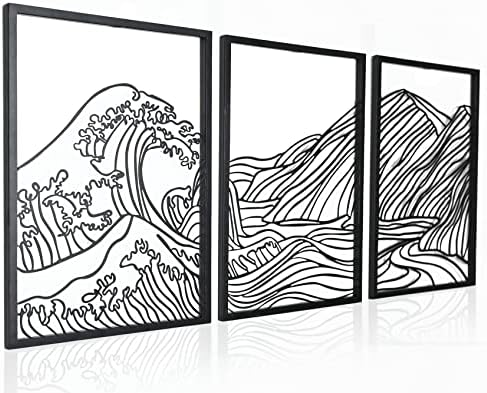Remenna Fém, Fal Dekoráció, Minimál, Modern Wall Art, Fekete Hullám-Hegy Fém Wall Art Beállítása a 3-as Keret, szabó t. anna Line