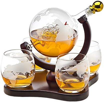 Whiskys Üveget Globe Szett 4 Vésett Globe Whisky Szemüveg Szesz, Whisky, Whiskey, Vodka, Ajándékok Férfiaknak - 850ml