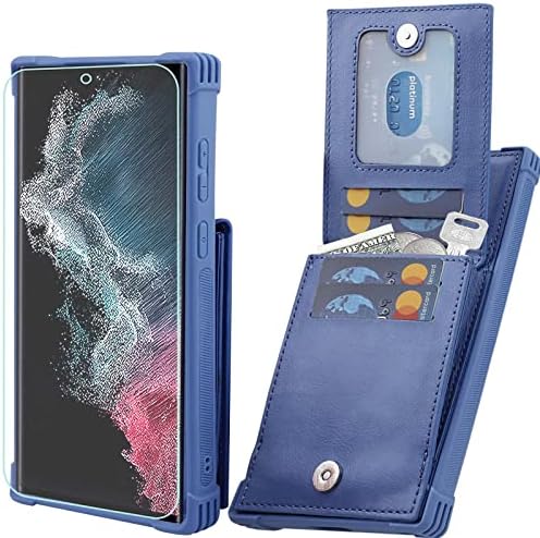 VANAVAGY Galaxy S22 Ultra 5G Tárca Esetben a Nők, mind a Férfiak,Bőr Mágneses Csattal Folio Flip hátlapot a Hitelkártya Birtokos Érme Zsebében,Kék